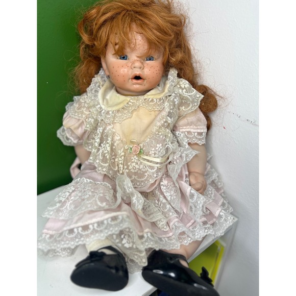 Other - Vintage Porcelain Doll Red Hair Blue Eyes Freckles Pink Lace Dress Victorian